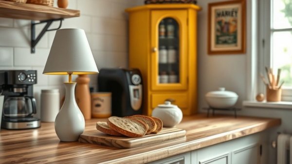 Cozy kitchen with bread, lamp, and coffee machine in warm lighting.
