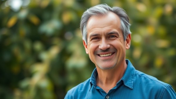Middle-aged man smiling warmly against outdoor background.
