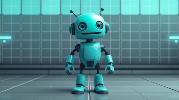 Cartoon robot home helper with futuristic grid background.
