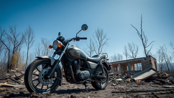Charred motorcycle in a wildfire aftermath, showcasing recovery challenges.