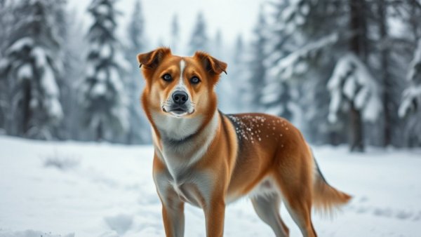 Dog in snow-covered forest setting; keep pets safe this winter.
