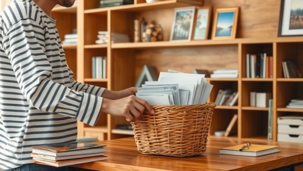Cozy desk with DIY storage ideas, person organizing papers.