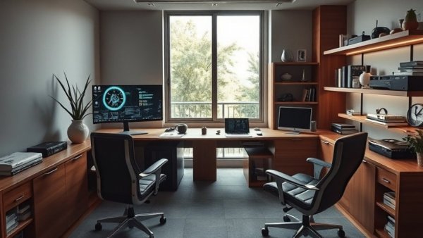 Secure Access in Home Office 2056: Modern office setup with dual monitors and rustic decor.