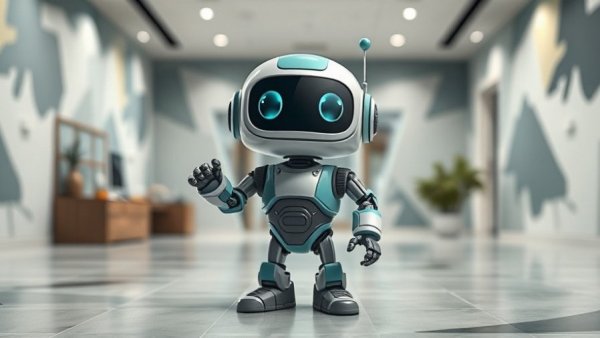 Playful cartoon robot in a modern indoor setting.