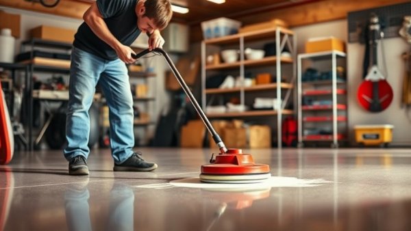 Man preparing floor in garage for epoxy floor installation.