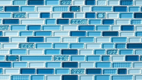 PebbleTec Glass Tile mosaic in blue and gray shades, staggered brick pattern.
