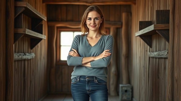 Woman in rustic wooden shed, arms crossed, guest cottage bathroom ideas.