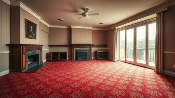 Outdated living room makeover ideas with red carpet and fireplace