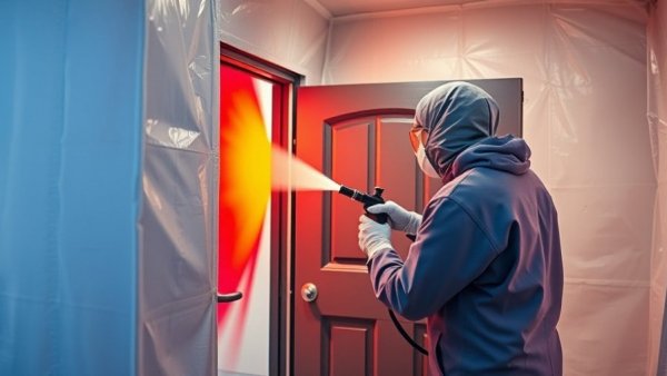 Technician using mobile spray booth technology for door painting.