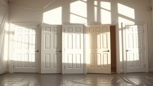 Flawless door finishes showcasing multiple painted doors in a bright room.