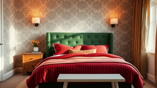 Cozy bedroom design with green headboard and red bedding.