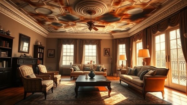 Living room with smoke damage and visible home fire sprinklers.