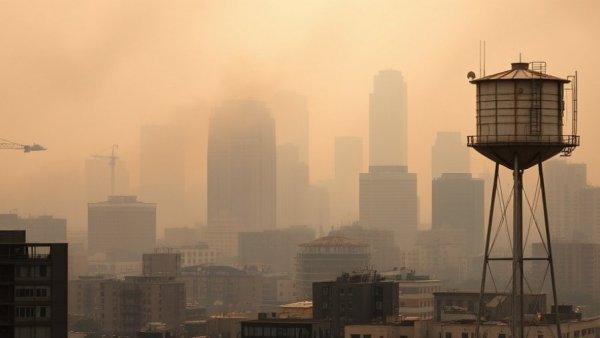 Hazy city skyline shrouded in wildfire smoke, illustrating impact on air quality.