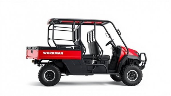 Workman LTX utility vehicle in red and black, angled view.