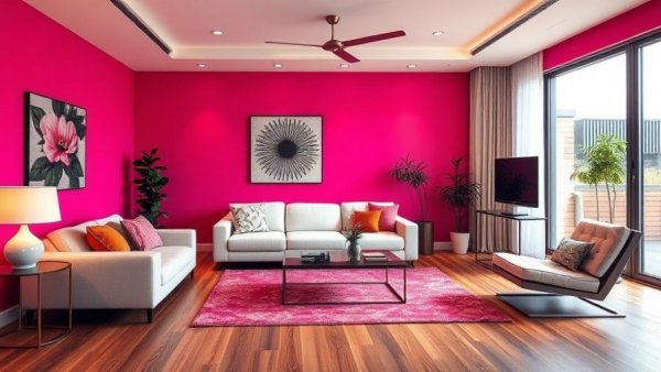 Vibrant hot pink living room with modern decor.