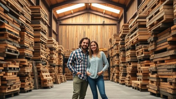 Couple exploring reclaimed wood in a warehouse setting