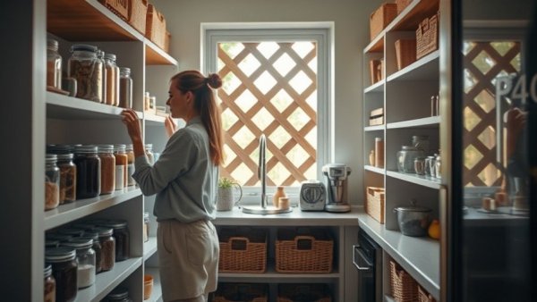 Woman organizing pantry shelves with jars and baskets in daylight.
