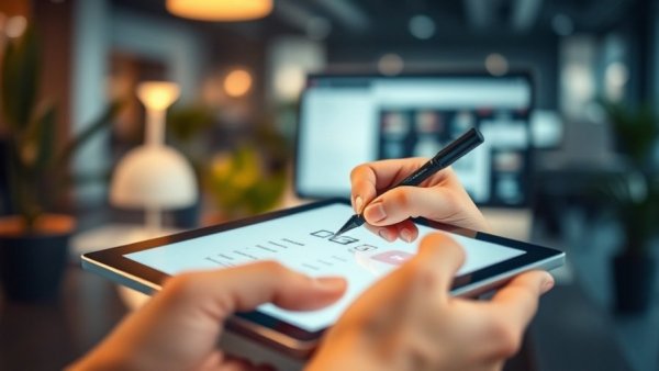 Tablet checklist in modern office setting with Rated People Quote Checker.