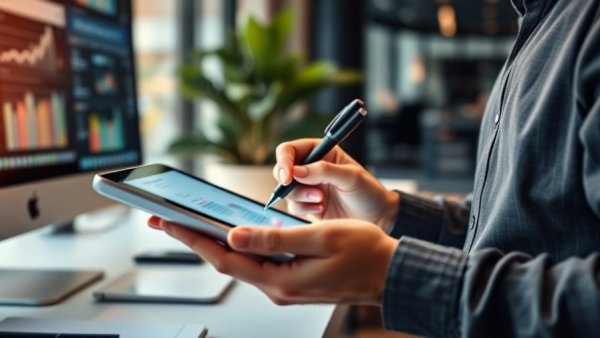 Person using a tablet for checklist in modern office.