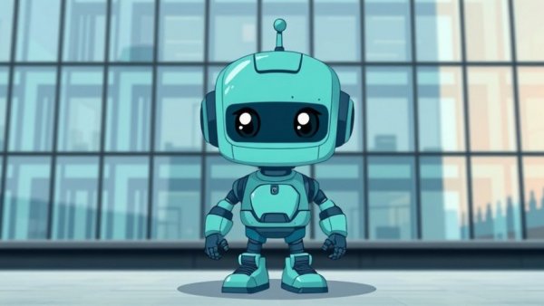 Teal cartoon robot by glass building, XReal smart glasses 3D technology.