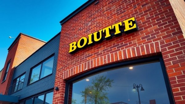 Stylish store exterior with bold signage under clear sky.