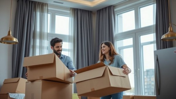 Young couple organizing during home relocation in modern apartment.