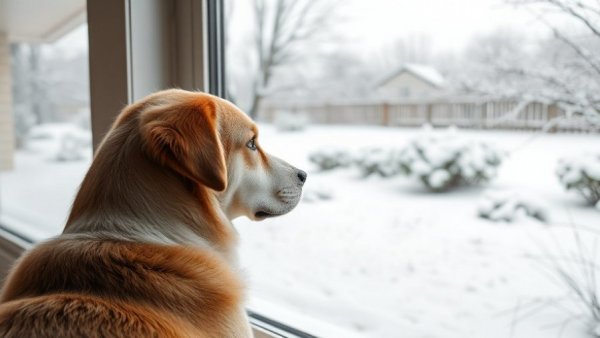 Dog observing snowy yard - winter yard planning tips
