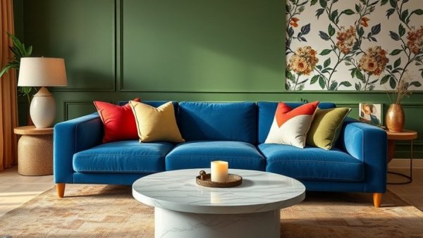 Modern living room decor featuring velvet sofa and marble table with candle.