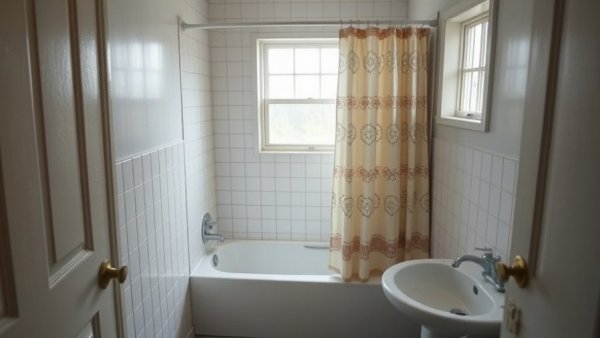 Outdated bathroom before budget makeover with natural lighting.