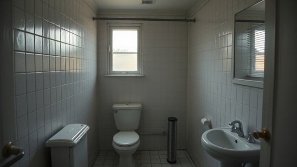 Simple outdated bathroom before DIY makeover with white fixtures.