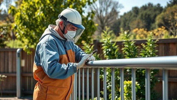 Person in protective gear inspecting painted railing minimizing overspray.