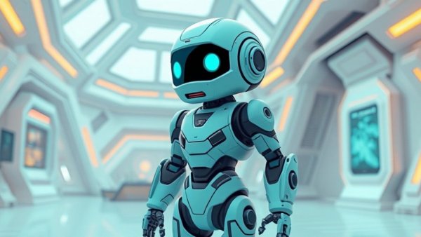 Futuristic robot cartoon in geometric setting, Rokid AI glasses.