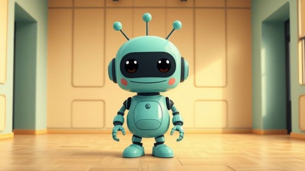 Cartoon robot in a stylish room with geometric patterns on walls.