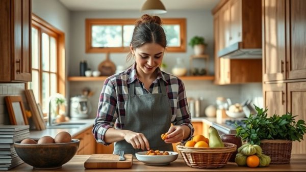 Woman preparing easy healthy snacks for kids in bright kitchen.