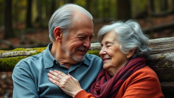 Older couple displaying affection in nature, Psychology of Love and Courage.