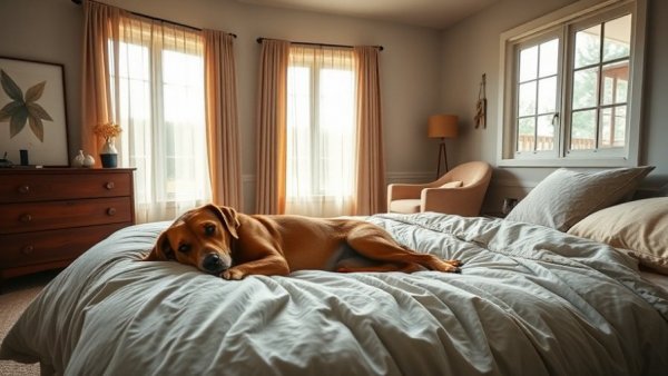 Stylish bedroom with dog and cinched duvet cover trends.