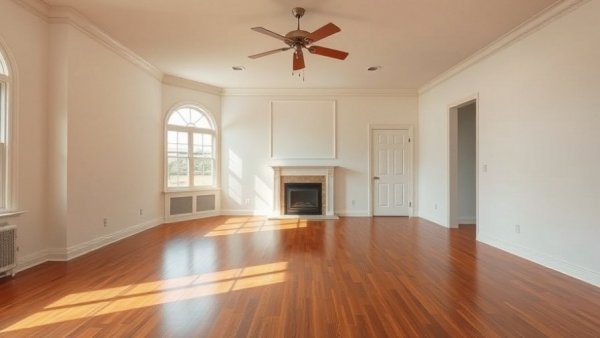 Empty cottage style living room with ceiling fan and fireplace.