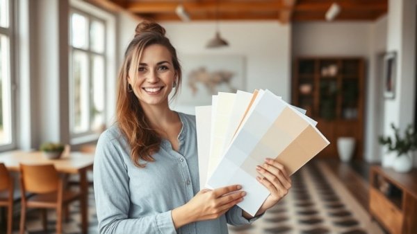 Woman with paint samples exploring best neutral paint colors in living room.