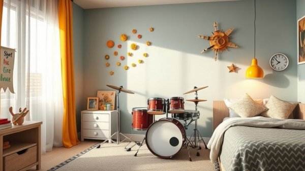 Cozy kids' room design with drum set and bed