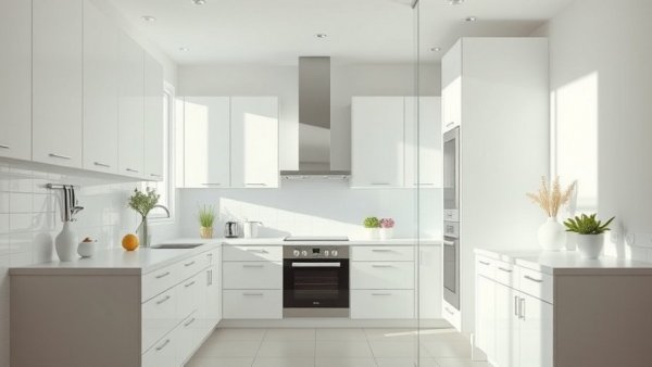 Minimalist white kitchen before bold backsplash transformation, bright lighting