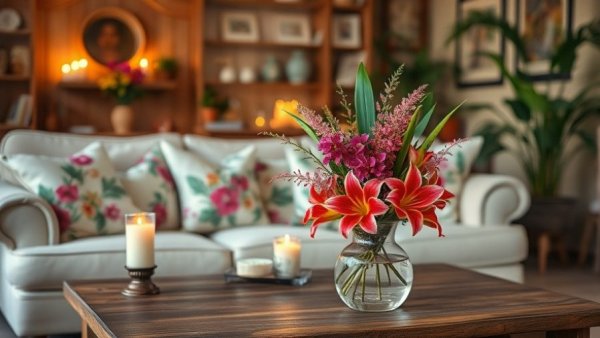 Charming cozy living room with tropical home fragrance decor, vibrant flowers.