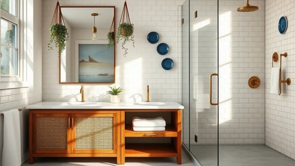 Modern bathroom showcasing towel rolling storage technique