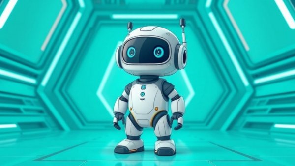 Animated teal robot in futuristic digital environment