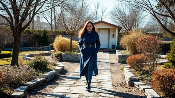 Winter landscaping tips: Woman in garden with stone pathways.