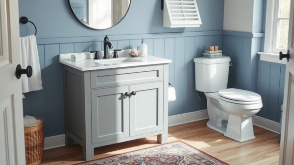 Charming coastal bathroom with gray vanity and colorful rug.
