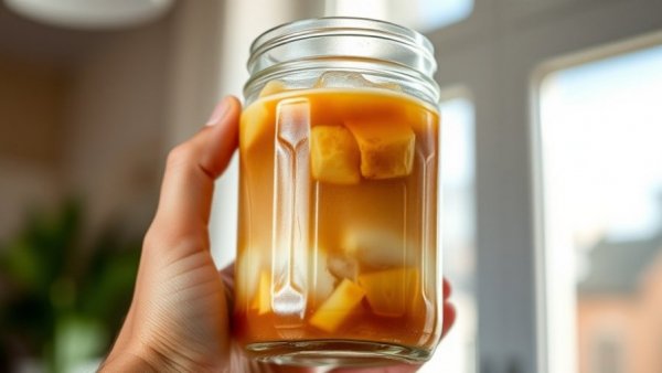 Glass jar of iced coffee with pineapple juice, natural sweetener.