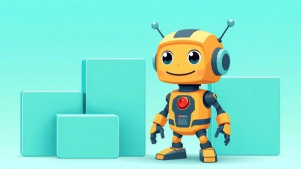 Cartoon robot next to teal shapes, Amazon Fire TV Blaster theme.