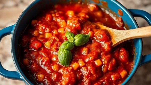 Delicious cherry peppers spaghetti sauce in blue pot.
