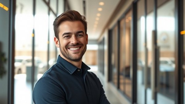 Confident man choosing a new front door in a modern showroom.