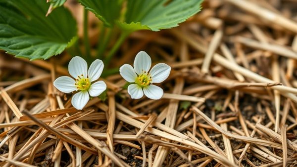 Close-up of a white strawberry flower in sustainable garden mulch.